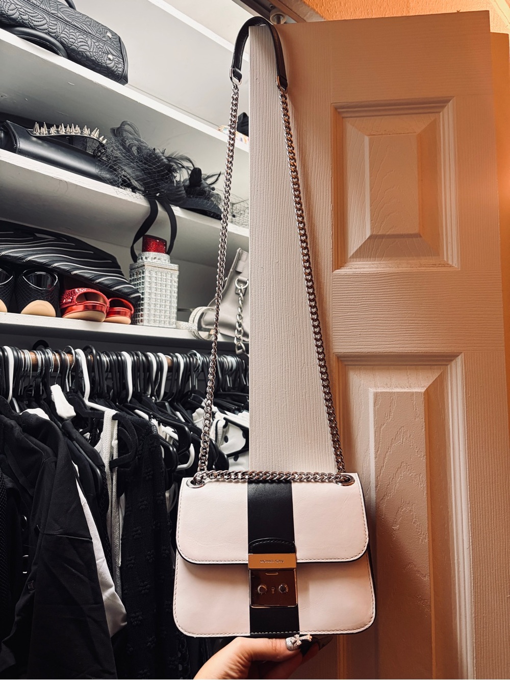 White and Black Leather Crossbody Shoulder Bag - Designer Style